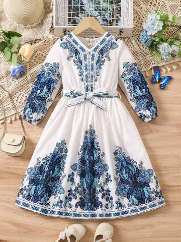 Kids Nujoom Young Girl Dress With V-Neck, Long Sleeve, Floral Print, Belted, Bohemian Style, Fashionable And Versatile, Spring/Summer