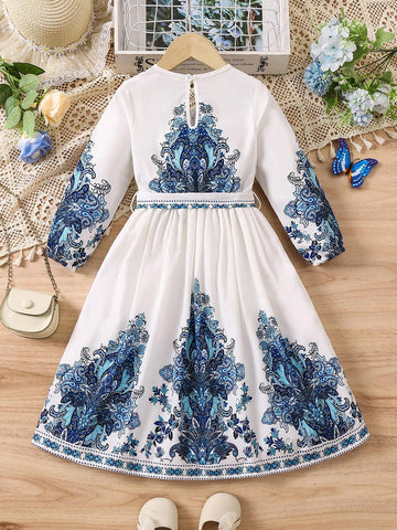 Kids Nujoom Young Girl Dress With V-Neck, Long Sleeve, Floral Print, Belted, Bohemian Style, Fashionable And Versatile, Spring/Summer