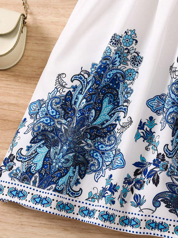 Kids Nujoom Young Girl Dress With V-Neck, Long Sleeve, Floral Print, Belted, Bohemian Style, Fashionable And Versatile, Spring/Summer