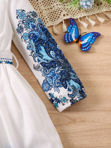 Kids Nujoom Young Girl Dress With V-Neck, Long Sleeve, Floral Print, Belted, Bohemian Style, Fashionable And Versatile, Spring/Summer