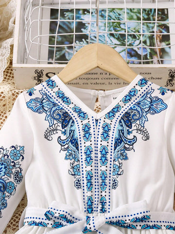 Kids Nujoom Young Girl Dress With V-Neck, Long Sleeve, Floral Print, Belted, Bohemian Style, Fashionable And Versatile, Spring/Summer