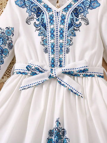 Kids Nujoom Young Girl Dress With V-Neck, Long Sleeve, Floral Print, Belted, Bohemian Style, Fashionable And Versatile, Spring/Summer