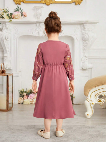 Kids Nujoom Young Girl Festival Long Sleeve Princess Dress With Gold Foil Print, Suitable For Party And Performance In Summer
