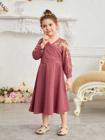 Kids Nujoom Young Girl Festival Long Sleeve Princess Dress With Gold Foil Print, Suitable For Party And Performance In Summer