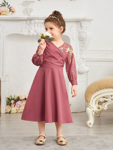 Kids Nujoom Young Girl Festival Long Sleeve Princess Dress With Gold Foil Print, Suitable For Party And Performance In Summer