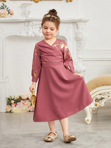 Kids Nujoom Young Girl Festival Long Sleeve Princess Dress With Gold Foil Print, Suitable For Party And Performance In Summer