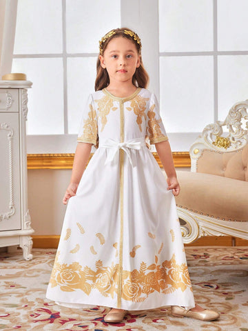 Kids Nujoom Young Girl Golden Woven Strap Party Dress