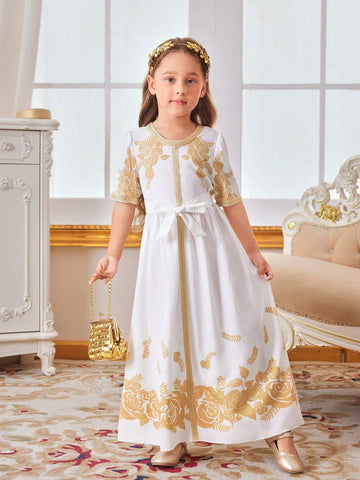 Kids Nujoom Young Girl Golden Woven Strap Party Dress