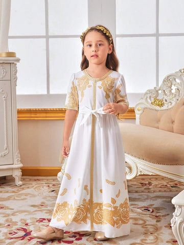 Kids Nujoom Young Girl Golden Woven Strap Party Dress