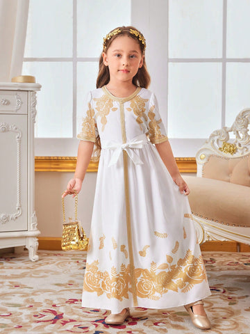 Kids Nujoom Young Girl Golden Woven Strap Party Dress