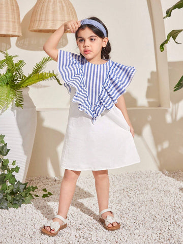 Kids Nujoom Young Girl Loose Fit Casual Striped Midi Dress With Ruffled Hem For Daily Outfit