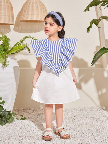 Kids Nujoom Young Girl Loose Fit Casual Striped Midi Dress With Ruffled Hem For Daily Outfit