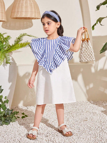 Kids Nujoom Young Girl Loose Fit Casual Striped Midi Dress With Ruffled Hem For Daily Outfit
