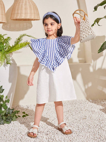 Kids Nujoom Young Girl Loose Fit Casual Striped Midi Dress With Ruffled Hem For Daily Outfit