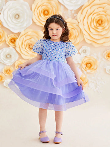 Kids Nujoom Young Girl's Cute Puff Sleeve Layered Mesh Panel Dress