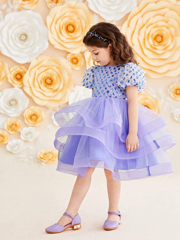 Kids Nujoom Young Girl's Cute Puff Sleeve Layered Mesh Panel Dress