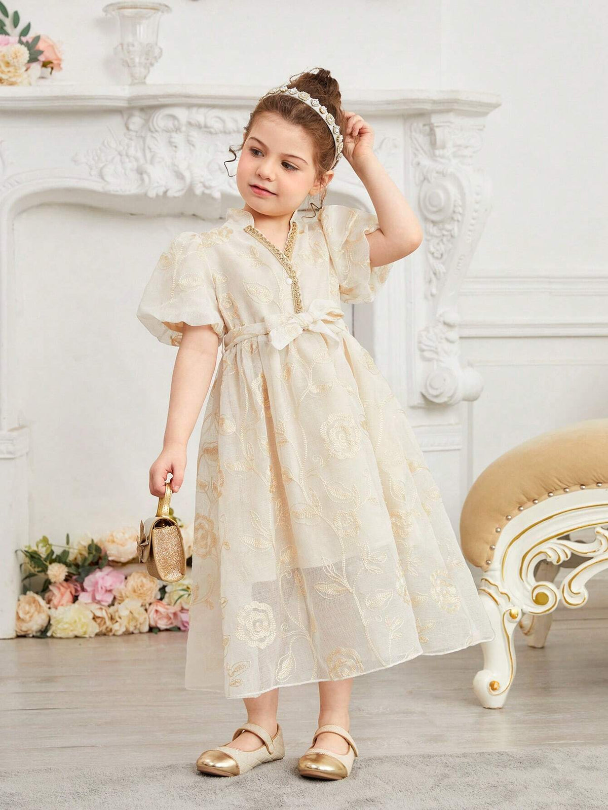Kids Nujoom Young Girl's Elegant Embroidered Lantern Sleeve Long Dress