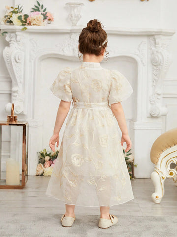 Kids Nujoom Young Girl's Elegant Embroidered Lantern Sleeve Long Dress