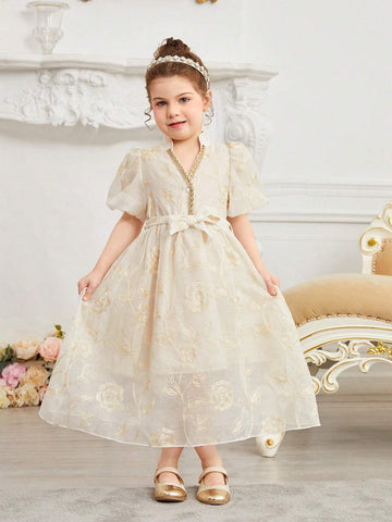 Kids Nujoom Young Girl's Elegant Embroidered Lantern Sleeve Long Dress