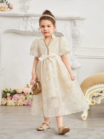Kids Nujoom Young Girl's Elegant Embroidered Lantern Sleeve Long Dress
