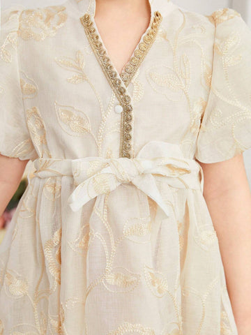 Kids Nujoom Young Girl's Elegant Embroidered Lantern Sleeve Long Dress