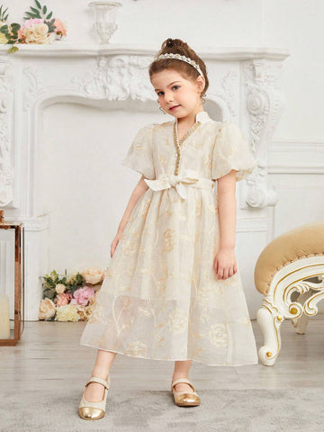 Kids Nujoom Young Girl's Elegant Embroidered Lantern Sleeve Long Dress