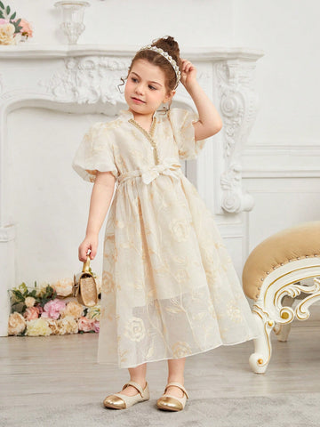Kids Nujoom Young Girl's Elegant Embroidered Lantern Sleeve Long Dress
