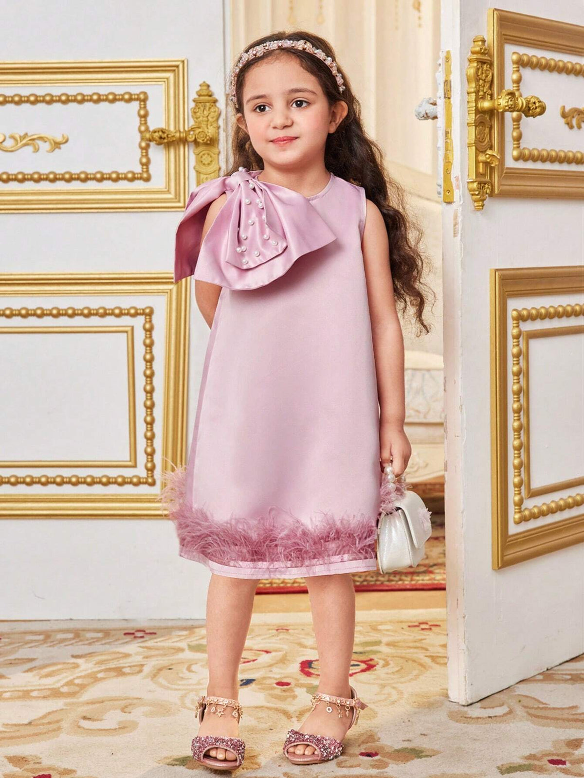 Kids Nujoom Young Girl's Elegant Round Neck Dress With Bow Decoration, Mid-Length And A-Line Skirt Design