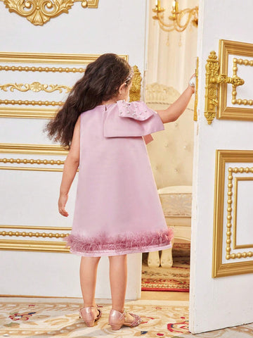 Kids Nujoom Young Girl's Elegant Round Neck Dress With Bow Decoration, Mid-Length And A-Line Skirt Design