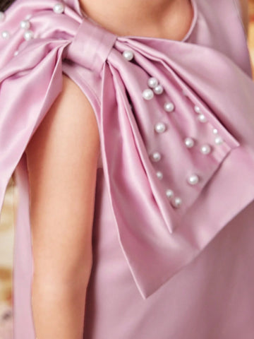 Kids Nujoom Young Girl's Elegant Round Neck Dress With Bow Decoration, Mid-Length And A-Line Skirt Design