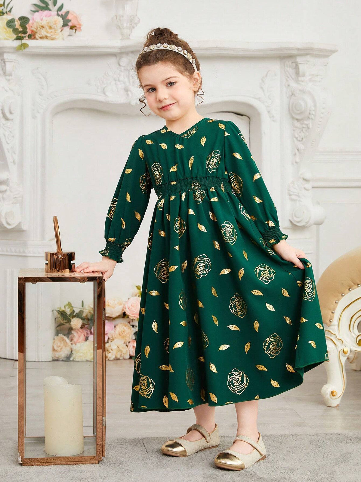 Kids Nujoom Young Girls' Embossed Flower Print A-Line Dress With Waist Tie, Suitable For Performances, Weddings, Parties, And Birthdays