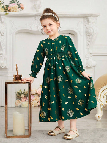 Kids Nujoom Young Girls' Embossed Flower Print A-Line Dress With Waist Tie, Suitable For Performances, Weddings, Parties, And Birthdays