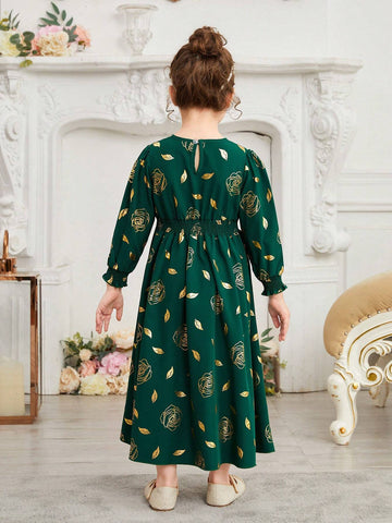 Kids Nujoom Young Girls' Embossed Flower Print A-Line Dress With Waist Tie, Suitable For Performances, Weddings, Parties, And Birthdays