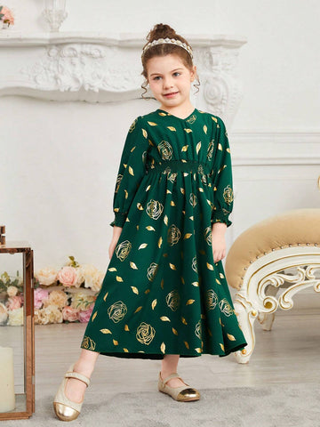 Kids Nujoom Young Girls' Embossed Flower Print A-Line Dress With Waist Tie, Suitable For Performances, Weddings, Parties, And Birthdays