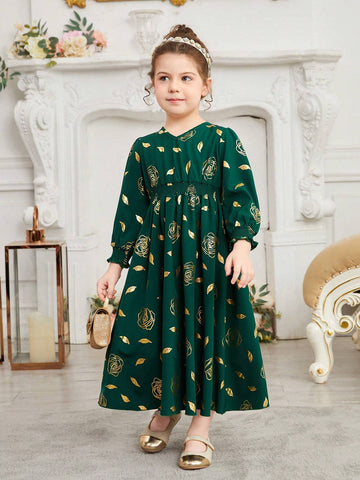 Kids Nujoom Young Girls' Embossed Flower Print A-Line Dress With Waist Tie, Suitable For Performances, Weddings, Parties, And Birthdays