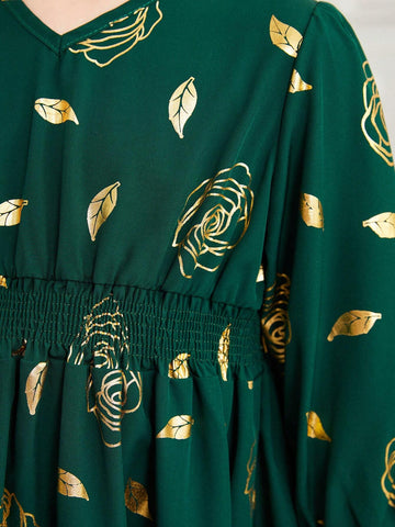 Kids Nujoom Young Girls' Embossed Flower Print A-Line Dress With Waist Tie, Suitable For Performances, Weddings, Parties, And Birthdays