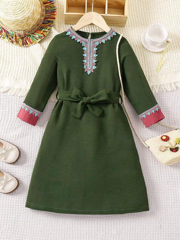 Kids Nujoom Young Girls' Patchwork Ribbon Detail Long Sleeve Dress