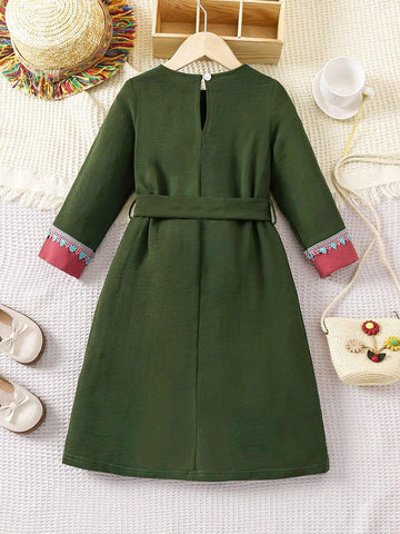 Kids Nujoom Young Girls' Patchwork Ribbon Detail Long Sleeve Dress