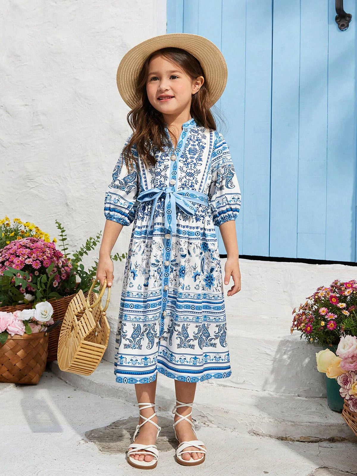 Kids Nujoom Young Girl's Peplum Stand Collar Print Midi Dress