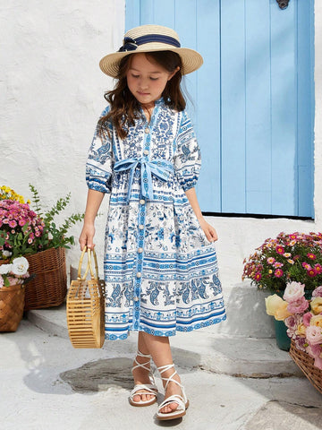Kids Nujoom Young Girl's Peplum Stand Collar Print Midi Dress