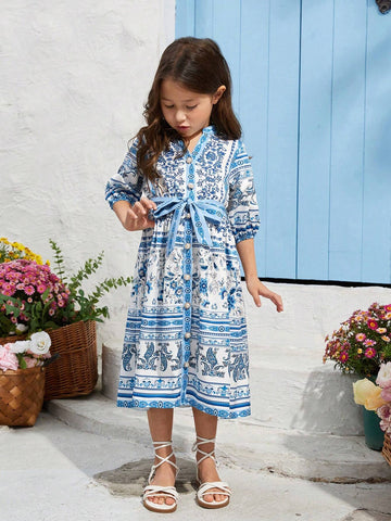 Kids Nujoom Young Girl's Peplum Stand Collar Print Midi Dress