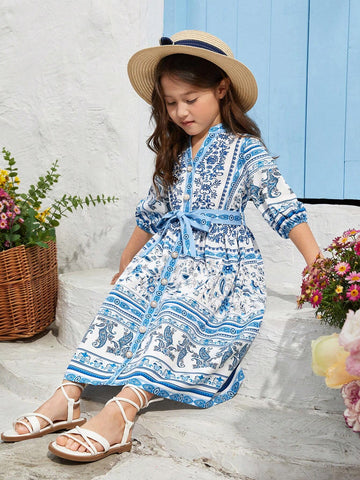 Kids Nujoom Young Girl's Peplum Stand Collar Print Midi Dress