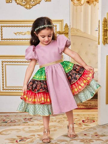 Kids Nujoom Young Girl's Round Neck Bubble Sleeve Ethic Style Printed Layered Ruffle Patchwork Dress