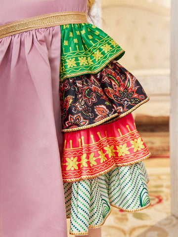 Kids Nujoom Young Girl's Round Neck Bubble Sleeve Ethic Style Printed Layered Ruffle Patchwork Dress