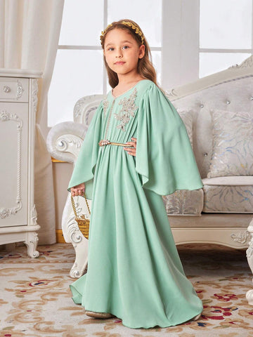 Kids Nujoom Young Girl's Sequined Flower Mesh & Ribbon Patchwork Long Dress Suitable For Holidays & Vacations, Spring & Summer