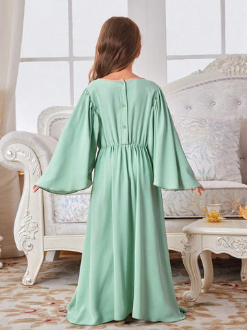 Kids Nujoom Young Girl's Sequined Flower Mesh & Ribbon Patchwork Long Dress Suitable For Holidays & Vacations, Spring & Summer