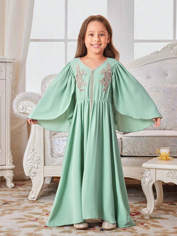 Kids Nujoom Young Girl's Sequined Flower Mesh & Ribbon Patchwork Long Dress Suitable For Holidays & Vacations, Spring & Summer