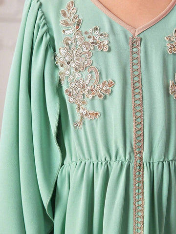 Kids Nujoom Young Girl's Sequined Flower Mesh & Ribbon Patchwork Long Dress Suitable For Holidays & Vacations, Spring & Summer