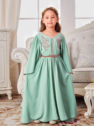 Kids Nujoom Young Girl's Sequined Flower Mesh & Ribbon Patchwork Long Dress Suitable For Holidays & Vacations, Spring & Summer