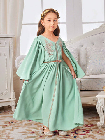Kids Nujoom Young Girl's Sequined Flower Mesh & Ribbon Patchwork Long Dress Suitable For Holidays & Vacations, Spring & Summer